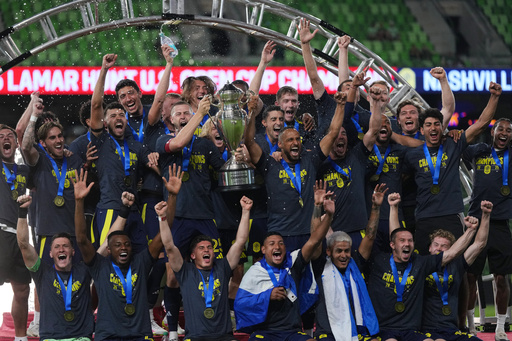 Nashville SC players celebrate their win over Austin FC in an U.S. Open Cup final soccer match in Austin, Texas, Wednesday, Oct. 1, 2025. (AP Photo/Eric Gay) Nashville SC players celebrate their win over Austin FC in an U.S. Open Cup final soccer match in Austin, Texas, Wednesday, Oct. 1, 2025. (AP Photo/Eric Gay)