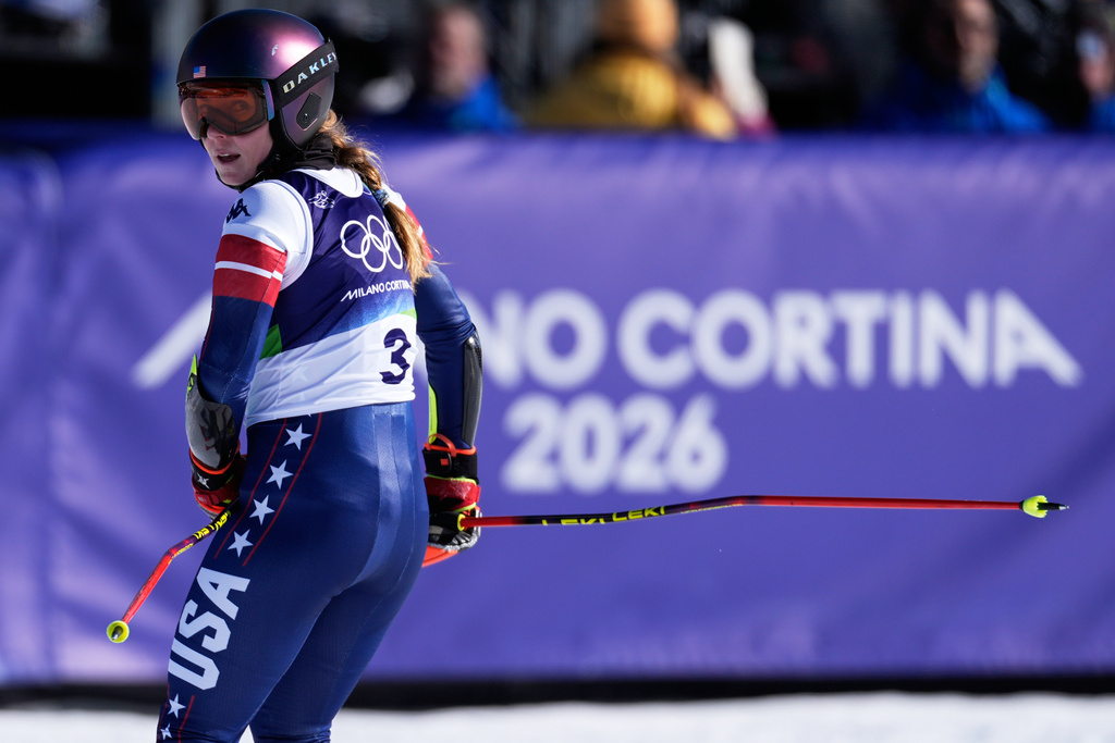 United States' Mikaela Shiffrin at the finish area during an alpine ski, women's giant slalom race, at the 2026 Winter Olympics, in Cortina d'Ampezzo, Italy, Sunday, Feb. 15, 2026. (AP Photo/Robert F. Bukaty)