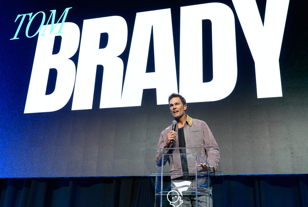 Tom Brady addresses the audience at the launch party for Fanatics Studio, a global studio for sports entertainment, on Tuesday, Jan. 13, 2026, at the Intuit Dome in Inglewood, Calif. (AP Photo/Chris Pizzello)