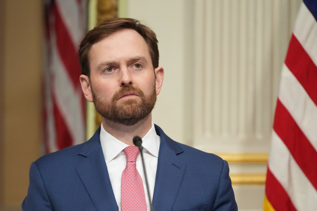 FILE - FTC Chairman Andrew Ferguson speaks in the Eisenhower Executive Office Building at the White House complex, May 26, 2026, in Washington. (AP Photo/Mark Schiefelbein, File)