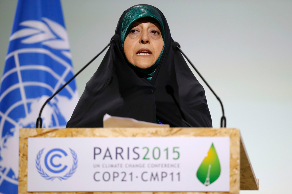 FILE - Iran's Vice President Masoumeh Ebtekar addresses world leaders at the COP21, United Nations Climate Change Conference, in Le Bourget, outside Paris, Nov. 30, 2015. (AP Photo/Michel Euler, File)