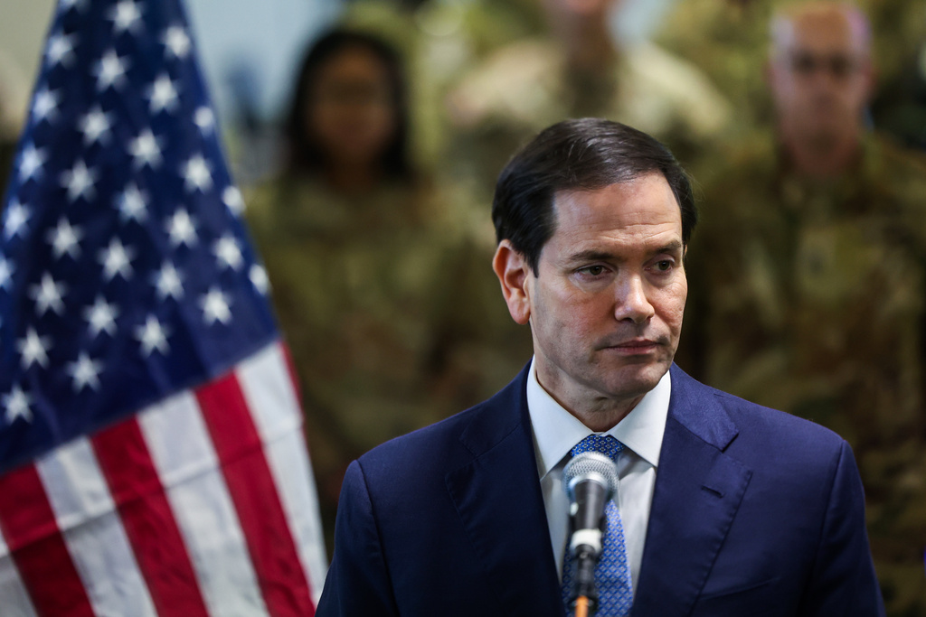 US Secretary of State Marco Rubio speaks to the media after visiting the Civil-Military Coordination Center in southern Israel, Friday, Oct. 24, 2025. (Fadel Senna/Pool Photo via AP)