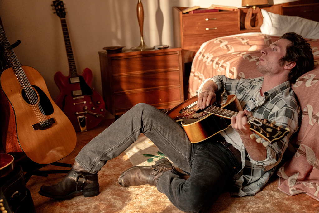 This image released by Disney shows Jeremy Allen White as Bruce Springsteen in a scene from "Springsteen: Deliver Me From Nowhere." (Macall Polay/20th Century Studios via AP)