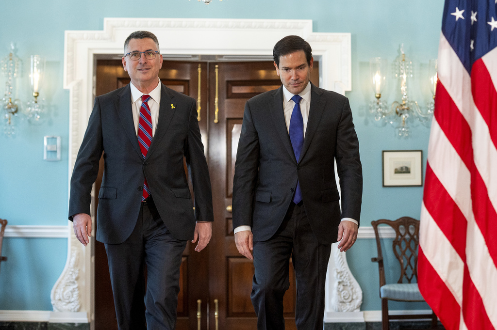 Secretary of State Marco Rubio, right, meets with Israeli Foreign Minister Gideon Sa'ar at the State Department in Washington, Wednesday, Aug. 27, 2025. (AP Photo/Cliff Owen)