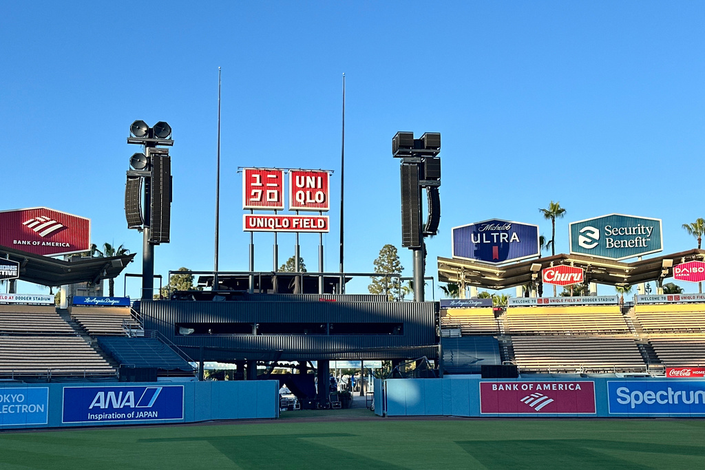 Uniqlo Field is unveiled Wednesday, March 25, 2026, at the Dodgers Stadium in Los Angeles. (AP Photo/Beth Harris)