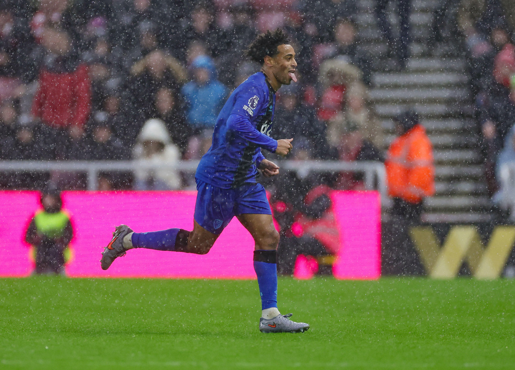 Bournemouth's Tyler Adams celebrates scoring their side's second goal of the game during the Premier League match at the Stadium of Light in Sunderland on Saturday Nov. 29, 2025. (Steve Welsh/PA via AP)