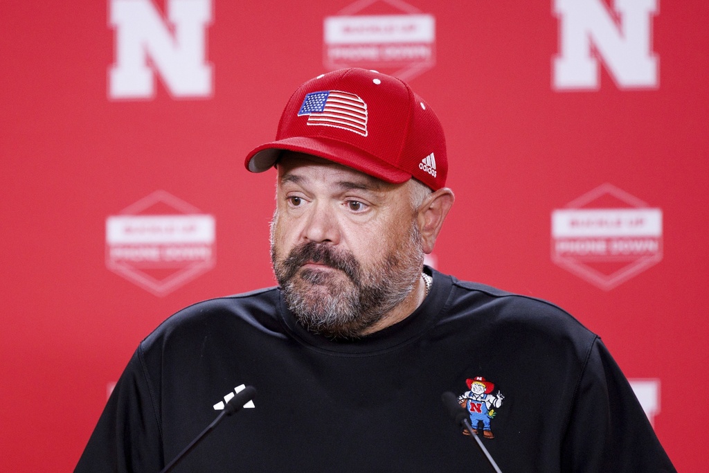 FILE - Nebraska head coach Matt Rhule reacts during an NCAA college football news conference, April 22, 2025, in Lincoln, Neb. (Nikos Frazier/Omaha World-Herald via AP, File)