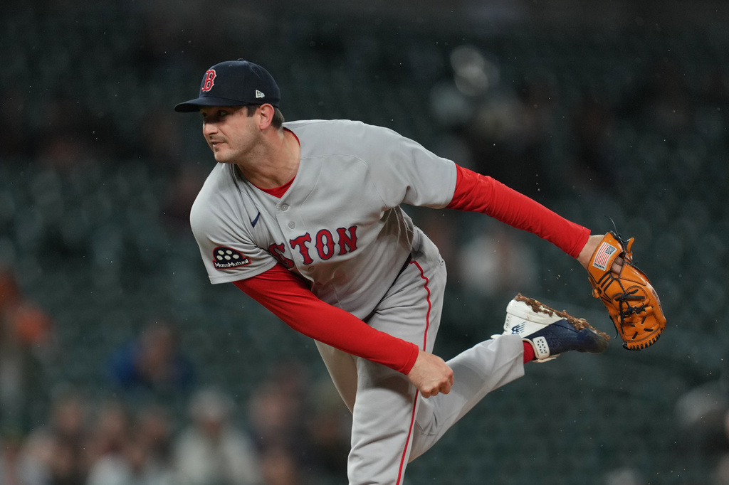 Boston Red Sox pitcher Garrett Whitlock throws against the Detroit Tigers during the eighth inning of a baseball game Monday, May 4, 2026, in Detroit. (AP Photo/Paul Sancya)