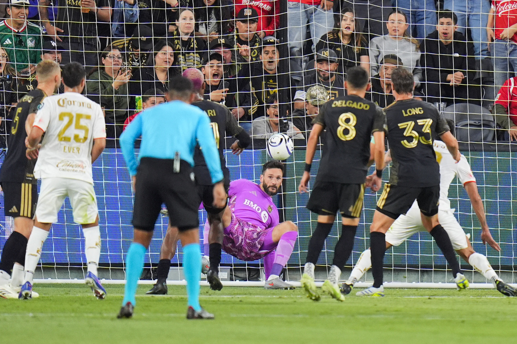 LAFC goalkeeper Hugo Lloris (1) makes a save during the first half of the first leg of a CONCACAF Champions Cup semifinal soccer match against Toluca Wednesday, April 29, 2026, in Los Angeles. (AP Photo/Jae C. Hong)