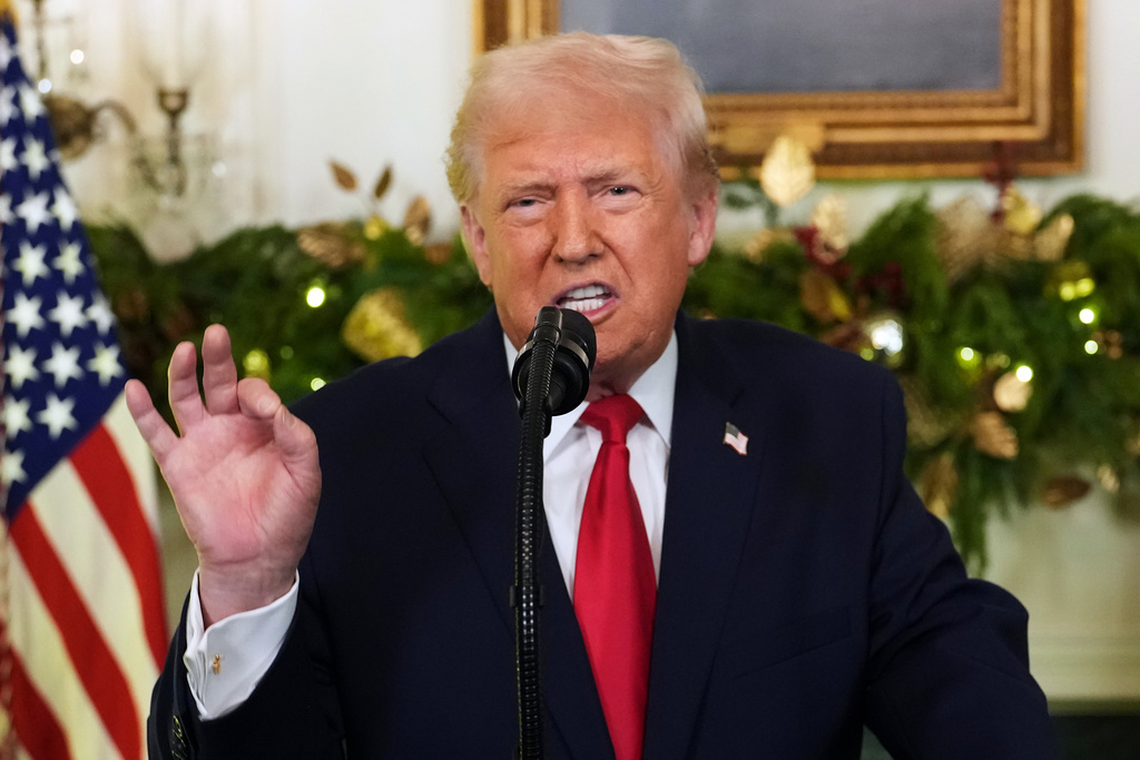 President Donald Trump speaks during an address to the nation from the Diplomatic Reception Room at the White House, Wednesday, Dec. 17, 2025, in Washington. (Doug Mills/The New York Times via AP, Pool)