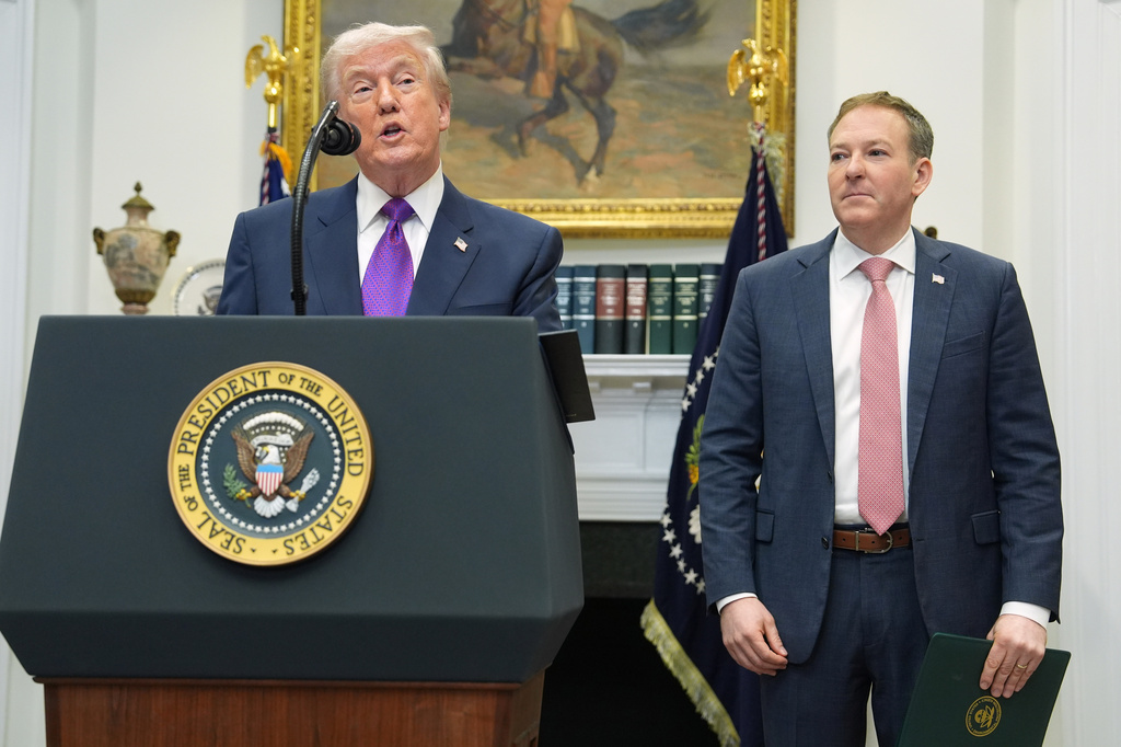 FILE - President Donald Trump, left, speaks during an event with Environmental Protection Agency director Lee Zeldin in the Roosevelt Room of the White House, Feb. 12, 2026, in Washington. (AP Photo/Evan Vucci, File)