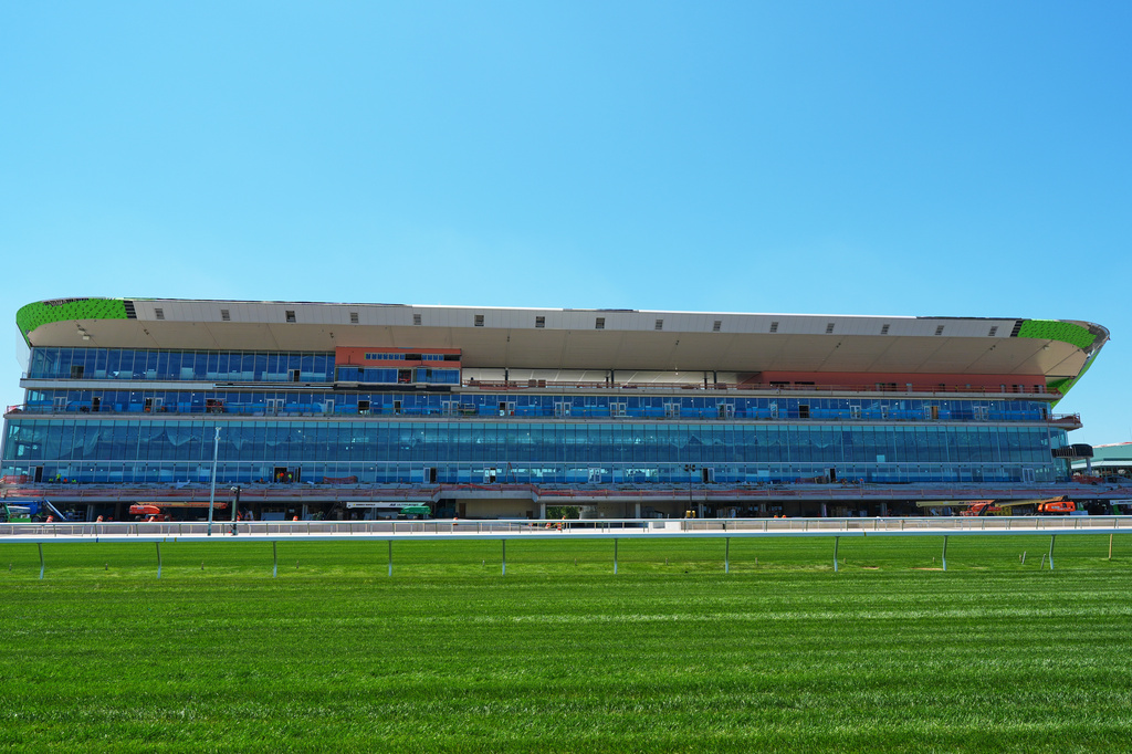 Contruction contineus at Belmont Park Tuesday, May 19, 2026, in Elmont, N.Y. (AP Photo/Frank Franklin II)