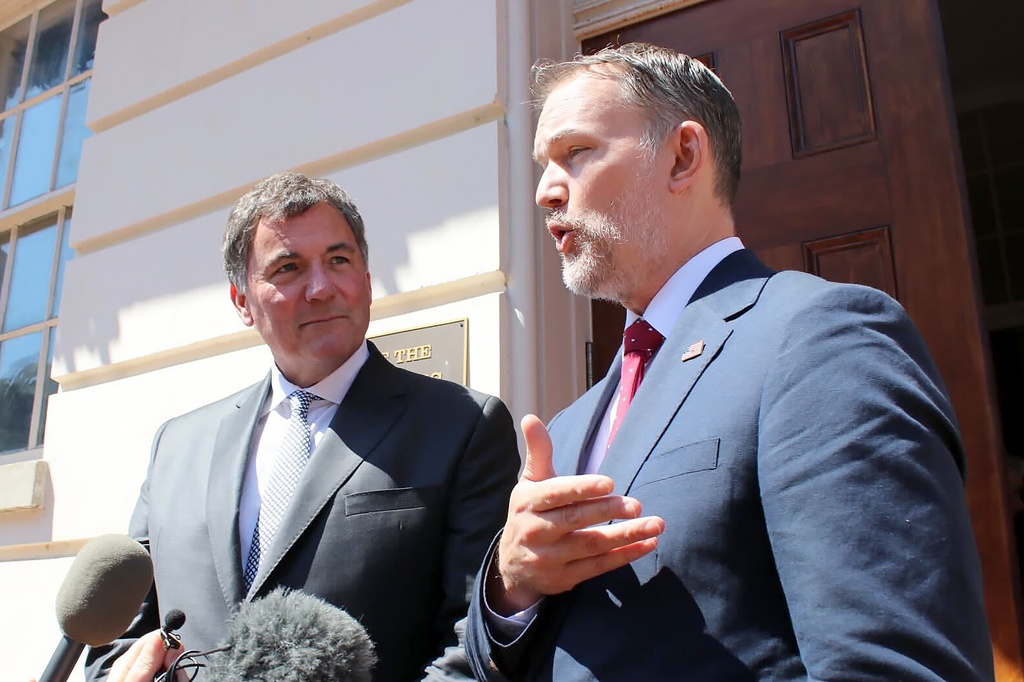 Canada-U.S. Trade Minister Dominic LeBlanc, left, and United States Trade Representative Jamieson Greer, speak to reporters in Washington, D.C., on Wednesday, Aug. 19, 2026, the day after the Trump administration temporarily delayed tariffs on Canada. (Kelly Geraldine Malone/The Canadian Press via AP)