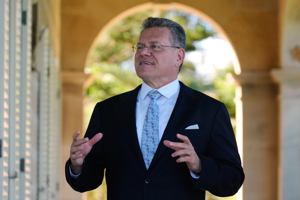 EU Commissioner for Trade and Economic Security Maros Sefcovic visits Admiralty House in Sydney, Monday, March 23, 2026. (AP Photo/Rick Rycroft)