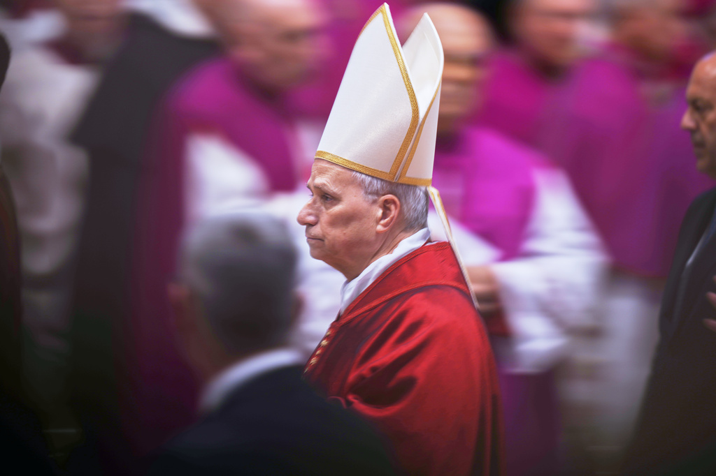 Pope Leo XIV attends the Celebration of the Passion of the Lord in St. Peter's Basilica at the Vatican on Catholic Good Friday, Friday, April 3, 2026 (AP Photo/Andrew Medichini)