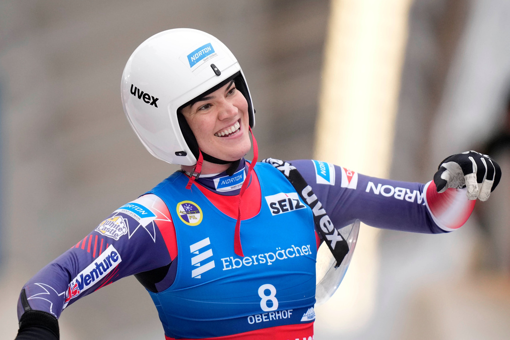 FILE - Summer Britcher of the United States gestures during the women's singles race at the Luge World Championships in Oberhof, Germany, Saturday, Jan. 28, 2023. (AP Photo/Matthias Schrader, File)