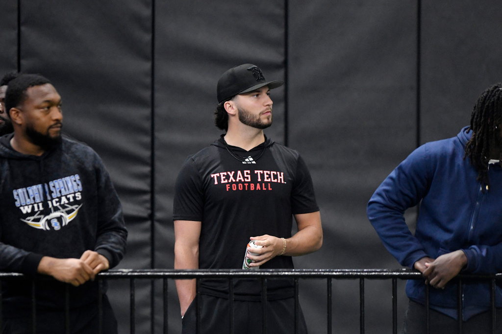 FILE - Texas Tech quarterback Brendan Sorsby watches the school's NFL football pro day, March 26, 2026, in Lubbock, Texas. (AP Photo/Annie Rice)