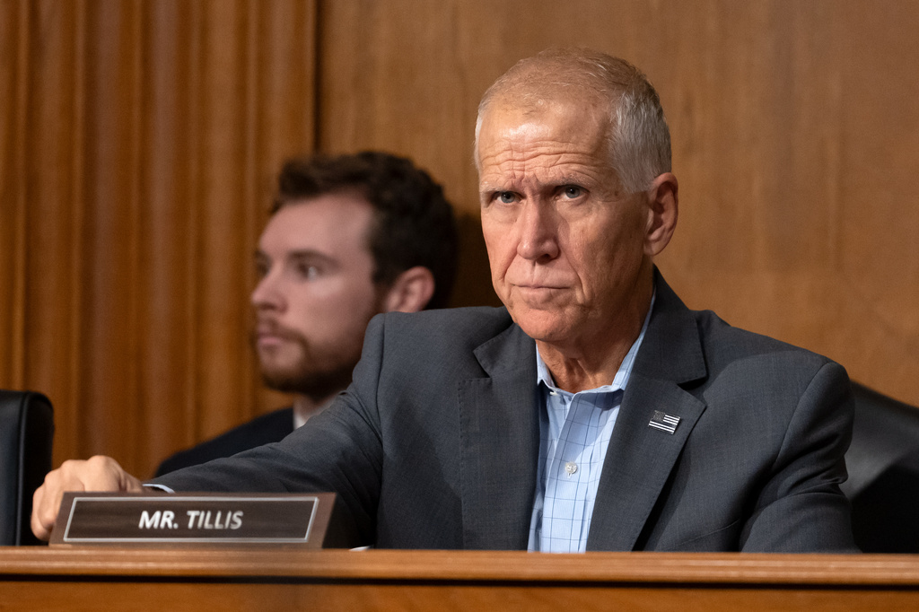Sen. Thom Tillis, R-N.C., arrives for a hearing of the Senate Finance Committee on Capitol Hill, Thursday, July 30, 2026, in Washington. (AP Photo/Mark Schiefelbein)