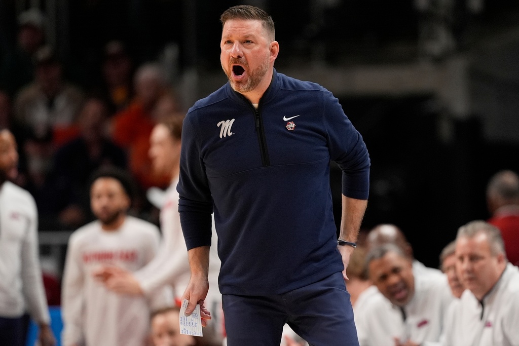 FILE - Mississippi head coach Chris Beard watches play against Michigan State during the first half in the Sweet 16 of the NCAA college basketball tournament, March 28, 2025, in Atlanta. (AP Photo/George Walker IV, File)