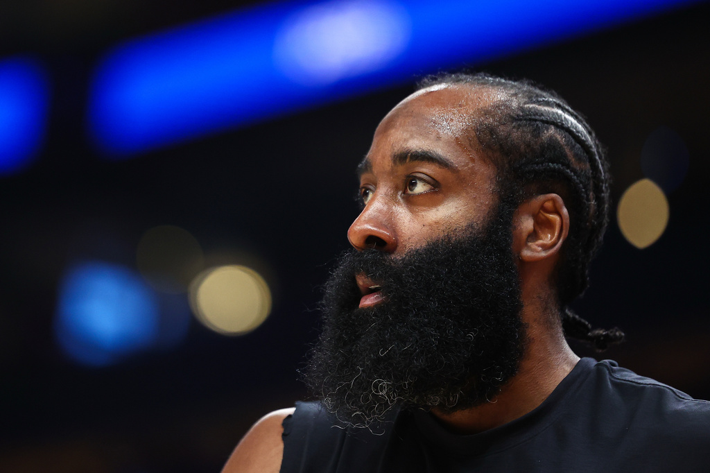 FILE - Cleveland Cavaliers guard James Harden warms up before an NBA basketball game against the Atlanta Hawks, April 10, 2026, in Atlanta. (AP Photo/Colin Hubbard, File)