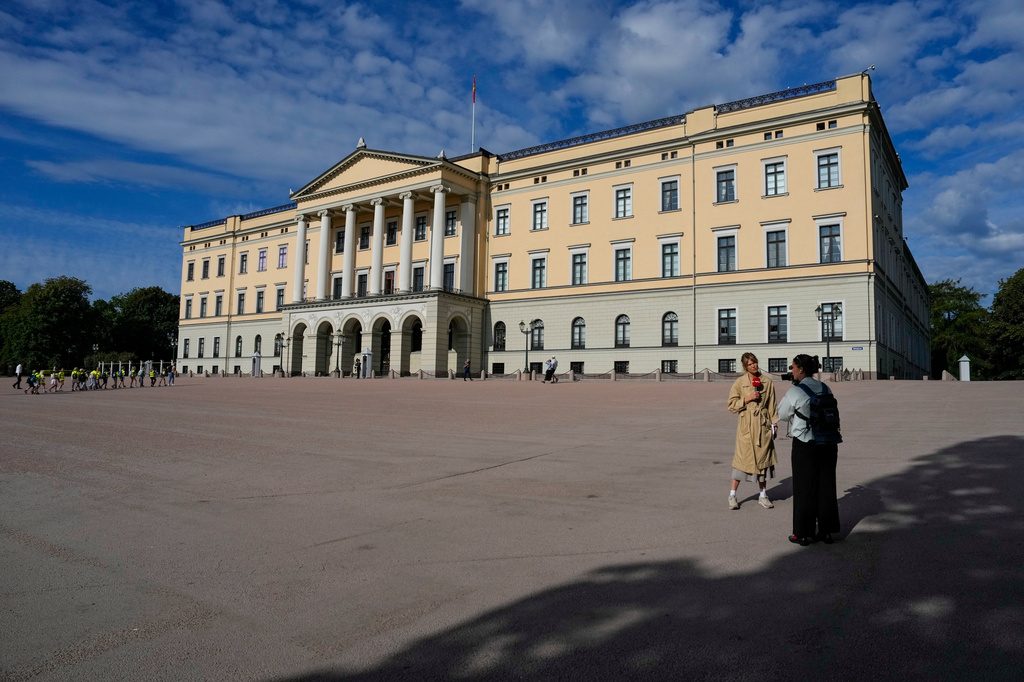 Media is present at the castle park in Oslo, Norway, Thursday, Aug. 27, 202. (Fredrik Varfjell/NTB Scanpix via AP)
