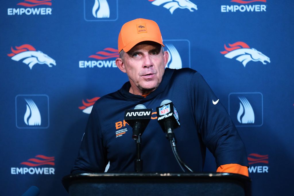 Denver Broncos head coach Sean Payton responds to questions during a news conference after an NFL football game against the Houston Texans Sunday, Nov. 2, 2025, in Houston. (AP Photo/Eric Gay)