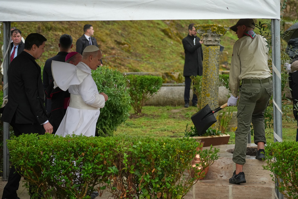 Pope Leo XIV visits the archaeological site of Hippo, in Annaba, Algeria, Tuesday, April 14, 2026, on the second day of an 11-day apostolic journey to Africa. (AP Photo/Andrew Medichini)