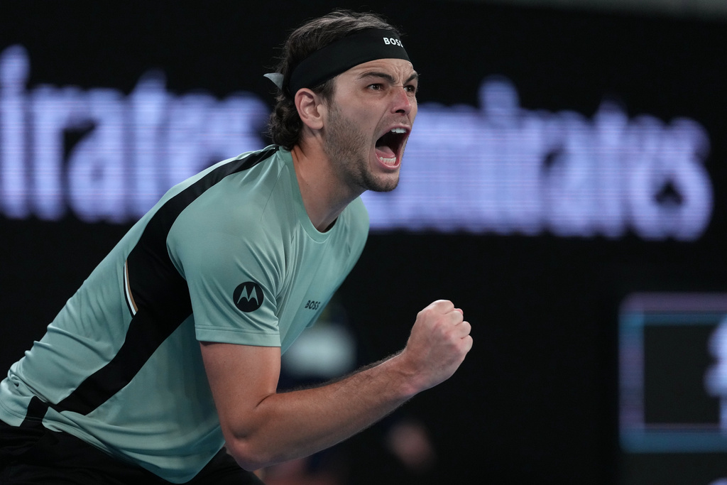 Taylor Fritz of the U.S. reacts during his second round match against Vit Kopriva of the Czech Republic at the Australian Open tennis championship in Melbourne, Australia, Thursday, Jan. 22, 2026. (AP Photo/Asanka Brendon Ratnayake)