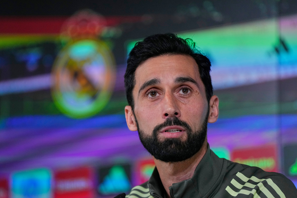 Real Madrid new coach Alvaro Arbeloa attends a press conference at the club's Valdebebas training ground in Madrid, Tuesday, Jan. 13, 2026. (AP Photo/Manu Fernandez)