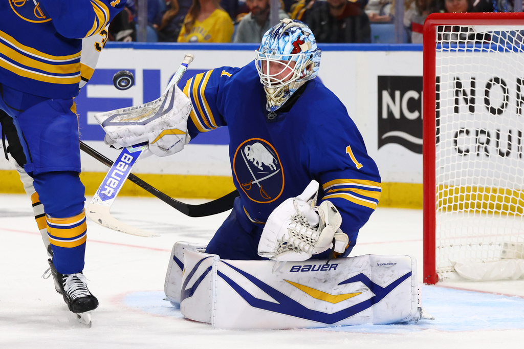 Buffalo Sabres goaltender Ukko-Pekka Luukkonen (1) watches the puck during the second period in Game 2 of a first-round NHL hockey Stanley Cup playoff series against the Boston Bruins Tuesday, April 21, 2026, in Buffalo, N.Y. (AP Photo/Jeffrey T. Barnes)