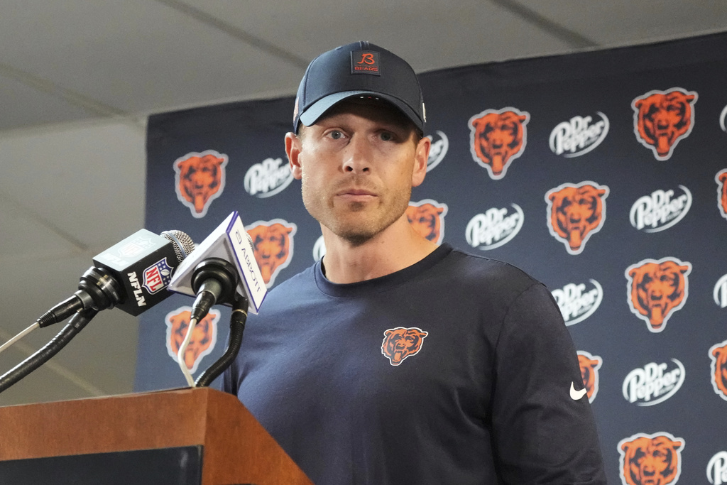 Chicago Bears head coach Ben Johnson takes questions during a news conference after the team's NFL football game against the Dallas Cowboys Sunday, Sept. 21, 2025, in Chicago. (AP Photo/Nam Y. Huh)