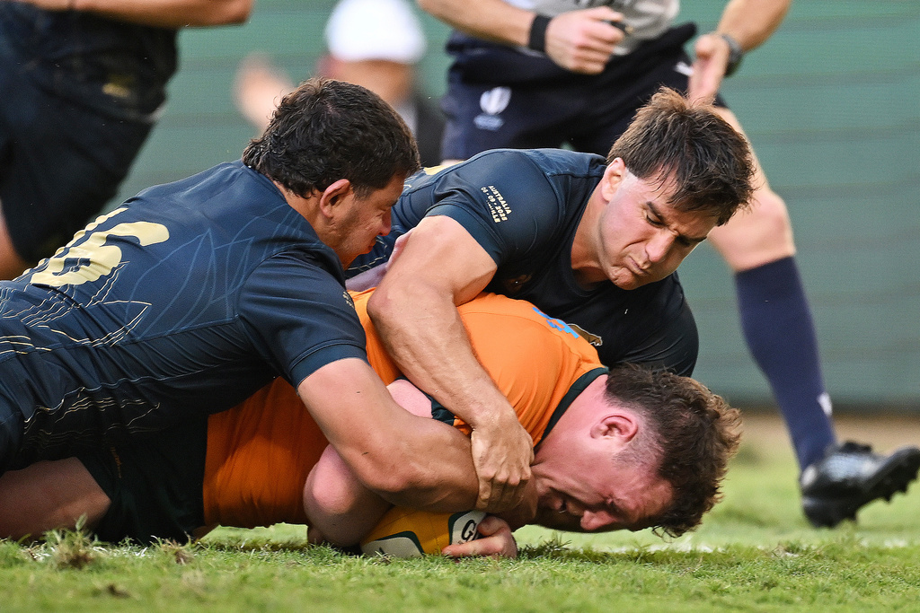 Angus Bell of the Wallabies scores the match winning try during the rugby international between Australia and Argentina in Townsville, Australia, Saturday, Sept. 6, 2025. (Dave Hunt/AAP Image via AP)
