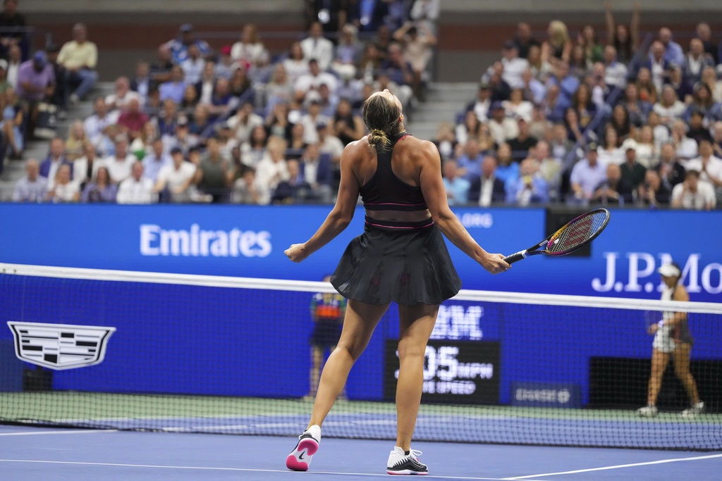 Aryna Sabalenka, of Belarus, reacts after defeating Jessica Pegula, of the United States, during the women's singles semifinals of the U.S. Open tennis championships, Thursday, Sept. 4, 2025, in New York. (AP Photo/Kirsty Wigglesworth)