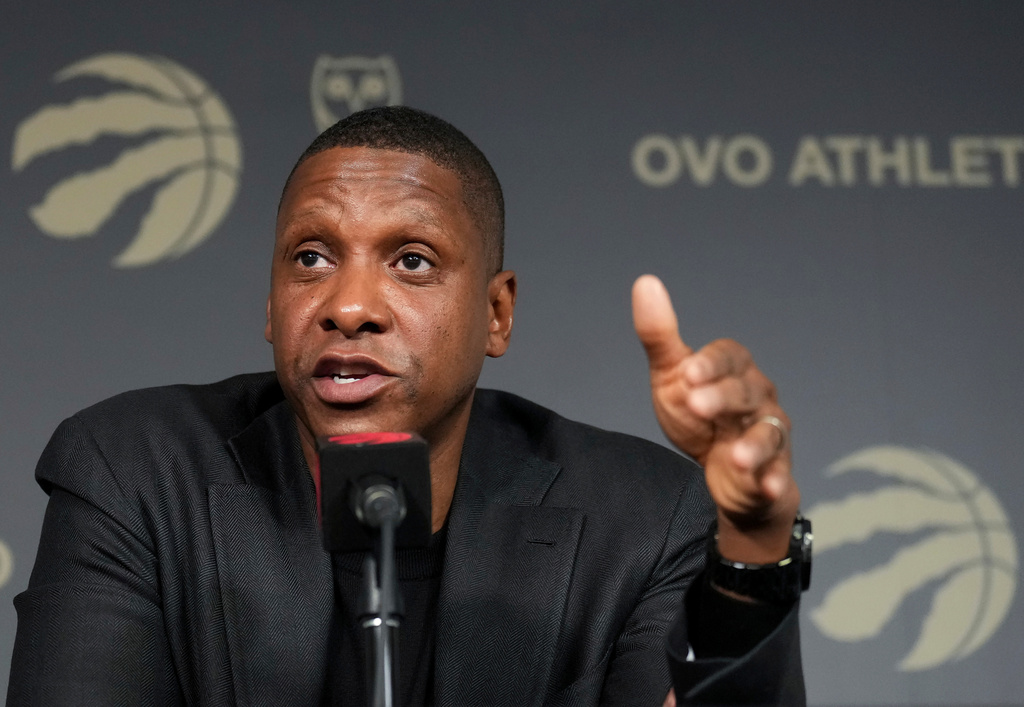 FILE - Toronto Raptors NBA basketball team President Masai Ujiri speaks to the media regarding the recent trades in Toronto, Jan. 18, 2024. (Nathan Denette/The Canadian Press via AP, file)