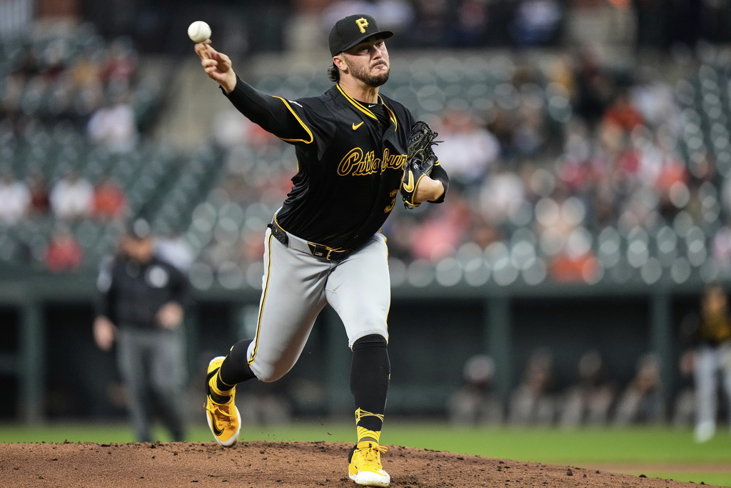 Pittsburgh Pirates starting pitcher Paul Skenes delivers during the first inning of a baseball game against the Baltimore Orioles, Wednesday, Sept. 10, 2025, in Baltimore. (AP Photo/Stephanie Scarbrough)