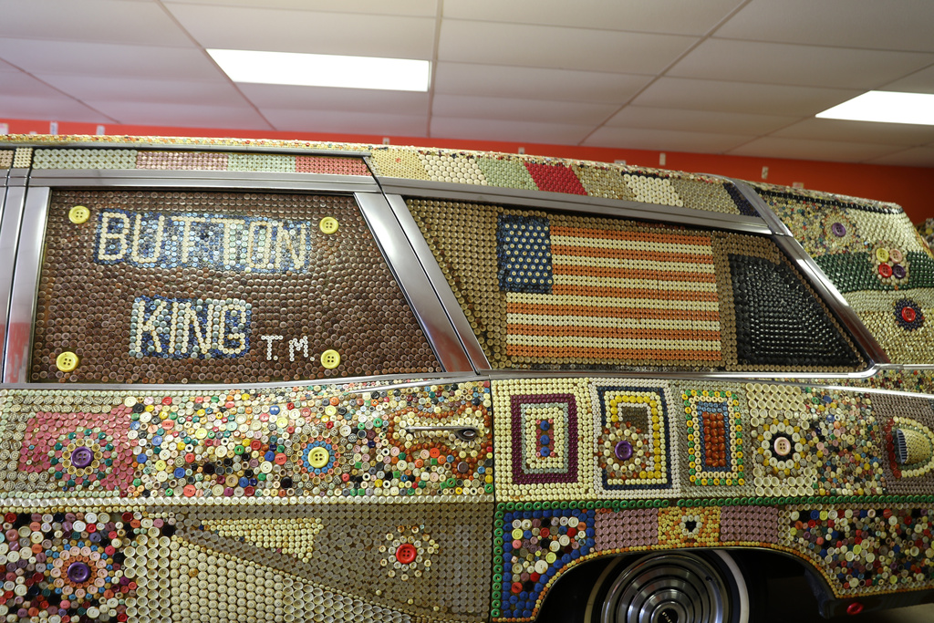 Dalton Stevens' button hearse is displayed in his museum in Bishopville, S.C., on Tuesday, Sept. 9, 2025. (AP Photo/Jeffrey Collins)