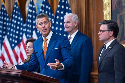 Transportation Secretary Sean Duffy speaks to reporters on day 23 of the government shutdown as he is joined by, from left, Rep. Lisa McClain, R-Mich., House Majority Whip Tom Emmer, R-Minn., and Speaker of the House Mike Johnson, R-La., at a news conference at the Capitol in Washington, Thursday, Oct. 23, 2025. (AP Photo/J. Scott Applewhite) Transportation Secretary Sean Duffy speaks to reporters on day 23 of the government shutdown as he is joined by, from left, Rep. Lisa McClain, R-Mich., House Majority Whip Tom Emmer, R-Minn., and Speaker of the House Mike Johnson, R-La., at a news conference at the Capitol in Washington, Thursday, Oct. 23, 2025. (AP Photo/J. Scott Applewhite)