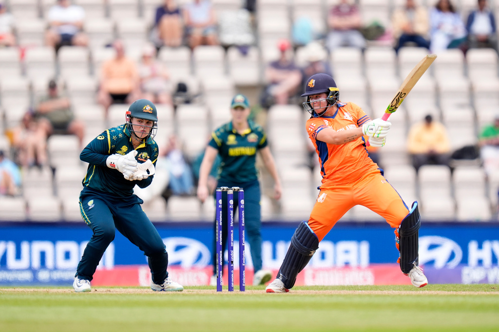 Sterre Kalis of the Netherlands bats during the Women's T20 World Cup match between Australia and Netherlands in Southampton, England, Saturday June 20, 2026. (Andrew Matthews/PA via AP)