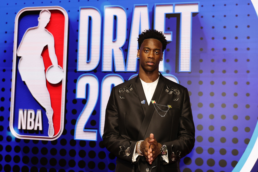 AJ Dybantsa arrives for the first round of the NBA basketball draft Tuesday, June 23, 2026, in New York. (AP Photo/Adam Hunger)