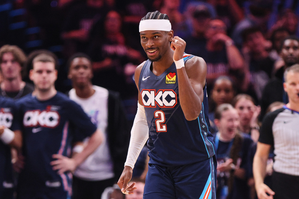 Oklahoma City Thunder's Shai Gilgeous-Alexander celebrates late in the second half of Game 2 in a second-round NBA basketball playoffs series against the Los Angeles Lakers Thursday, May 7, 2026, in Oklahoma City. (AP Photo/Nate Billings)