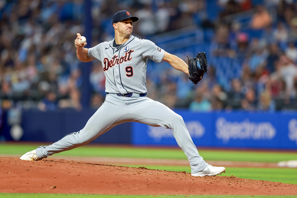 Detroit Tigers pitcher Jack Flaherty throws against the Tampa Bay Rays during the fifth inning of a baseball game Tuesday, June 2, 2026, in Tampa, Fla. (AP Photo/Mike Carlson)