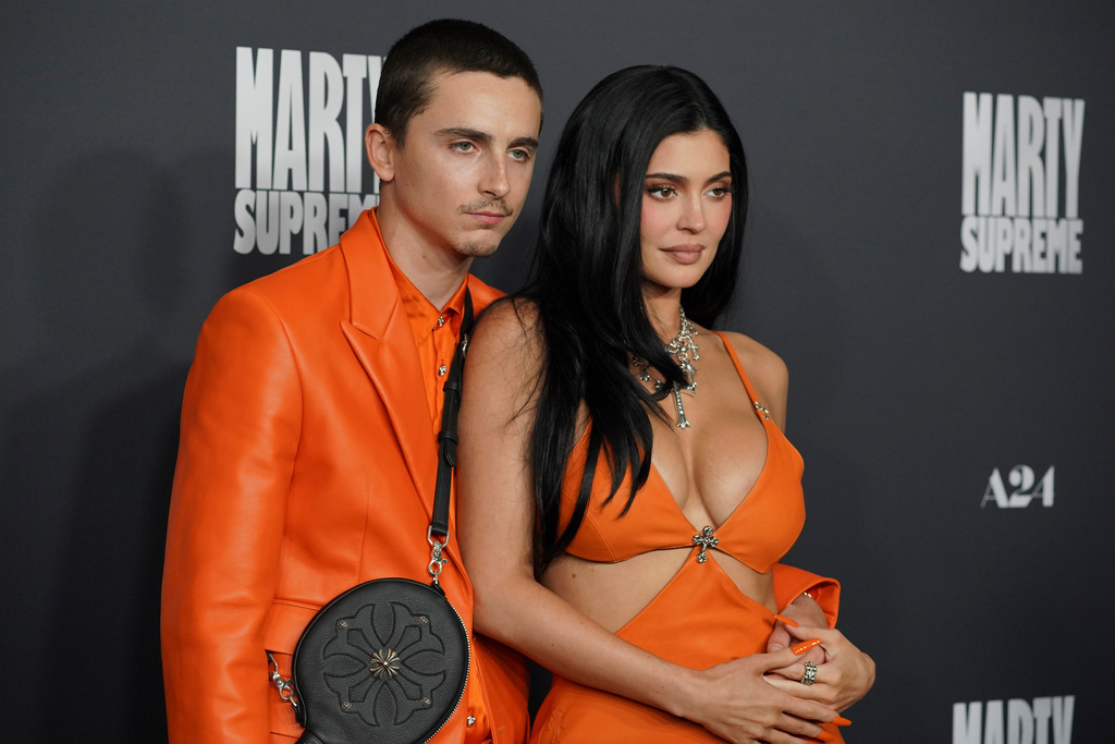 Timothee Chalamet, left, and Kylie Jenner arrive at the premiere of "Marty Supreme" on Monday, Dec. 8, 2025, at Samuel Goldwyn Theater in Beverly Hills, Calif. (Photo by Jordan Strauss/Invision/AP)