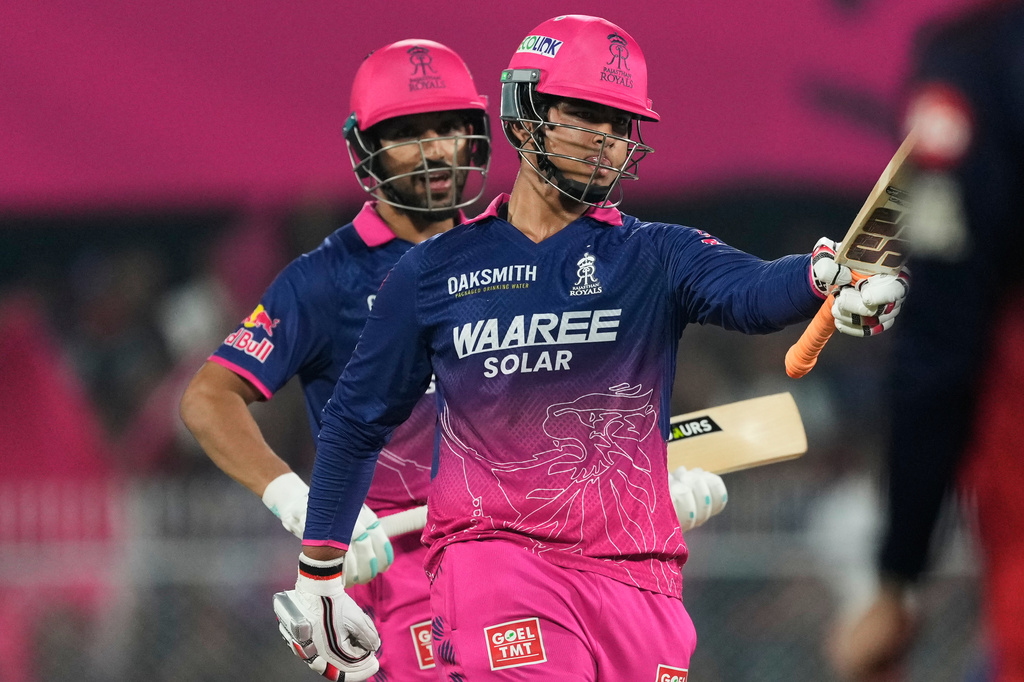 dRajasthan Royals' Vaibhav Sooryavanshi celebrates his fifty runs uring the Indian Premier League cricket match between Royal Challengers Bengaluru and Rajasthan Royals in Guwahati, India, Friday, April 10, 2026. (AP Photo/Anupam Nath)