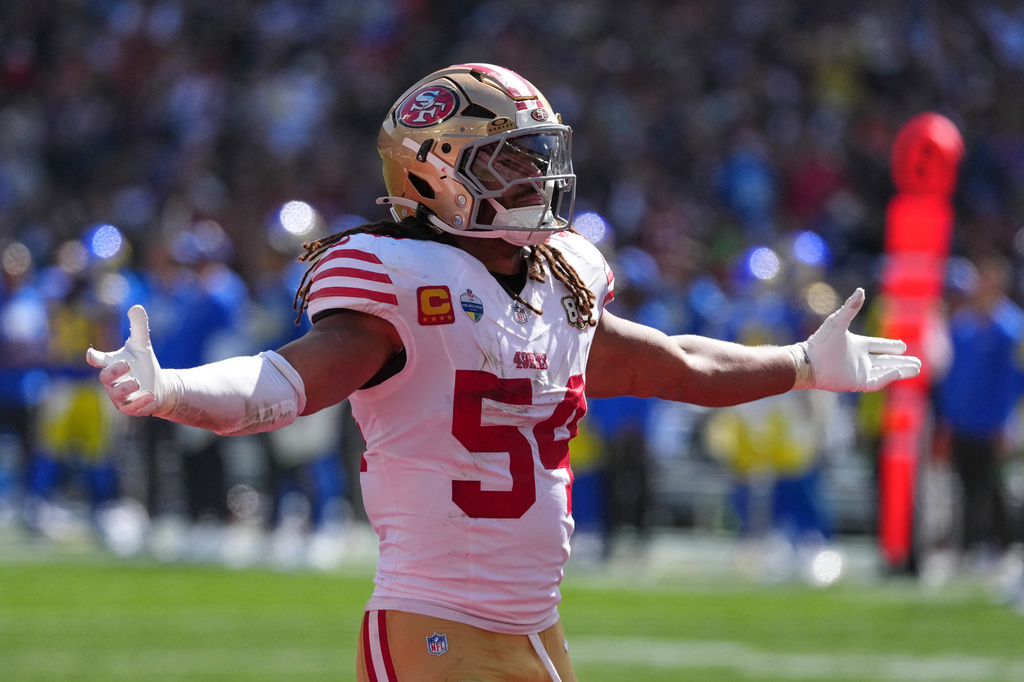 San Francisco 49ers linebacker Fred Warner celebrates during the second half of an NFL football game against the Los Angeles Rams, Friday, Sept. 11, 2026, in Melbourne, Australia. (AP Photo/Scott Barbour)