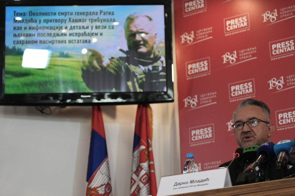 Darko Mladic, son of former Bosnian Serb wartime general Ratko Mladic speaks during a press conference in Belgrade, Serbia, Friday, Sept. 4, 2026. (AP Photo/Darko Vojinovic)