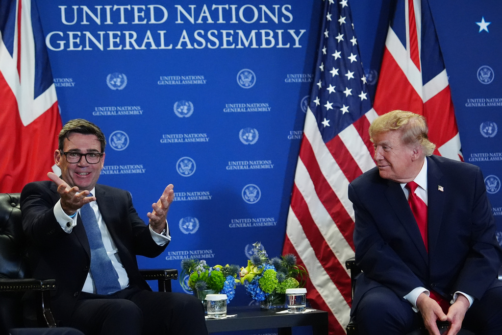 President Donald Trump meets with Britain's Prime Minister Andy Burnham during the United Nations General Assembly, Tuesday, Sept. 22, 2026, at the UN headquarters. (AP Photo/Julia Demaree Nikhinson)