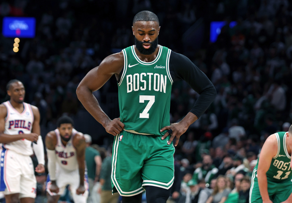 Boston Celtics' Jaylen Brown is pictured during the final minutes of Game 7 in a first-round NBA basketball playoffs series, Saturday, May 2, 2026 in Boston. (AP Photo/Jim Davis)