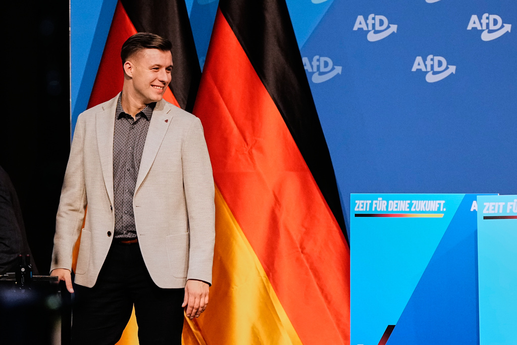 Jean-Pascal Hohm is seen after he was elected AfD youth leader during the re-founding of the AfD youth organization in Giessen, Germany, early Saturday, Nov. 29, 2025. (AP Photo/Martin Meissner)