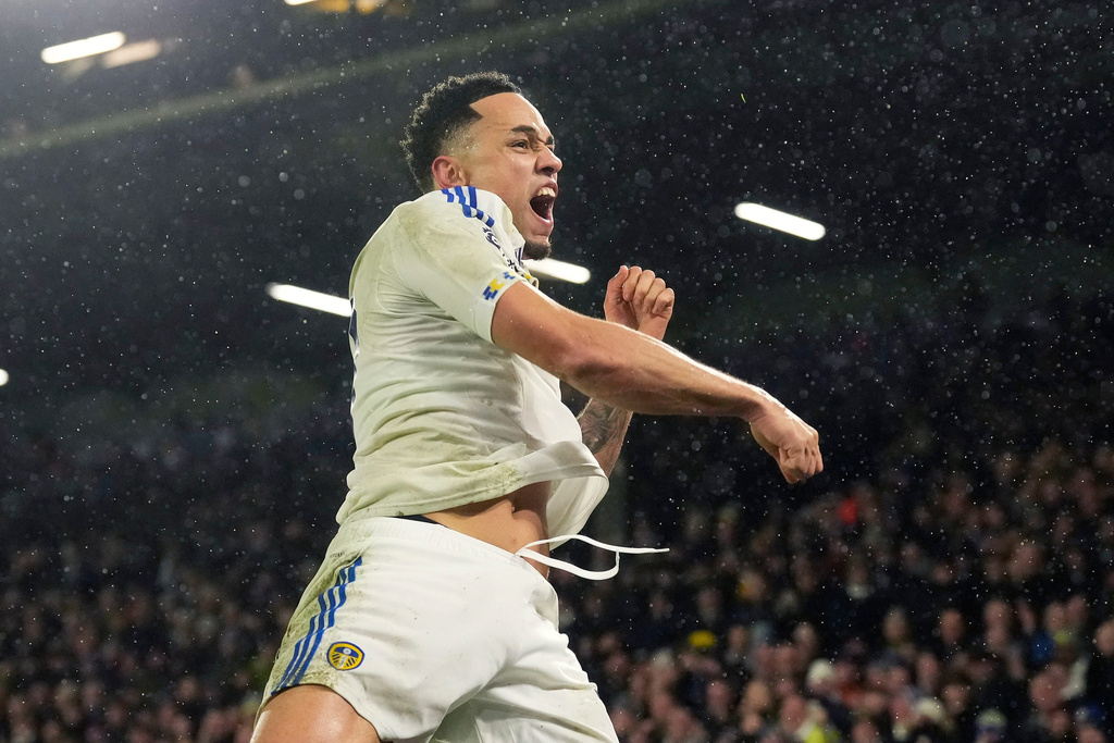 Leeds United's Noah Okafor celebrates scoring their second goal during the English Premier League soccer match between Leeds United and Nottingham Forest in Leeds, England, Friday Feb. 6, 2026. (Danny Lawson/PA via AP)