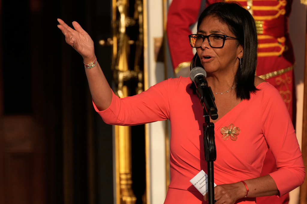 Venezuela's acting President Delcy Rodriguez speaks at Miraflores Palace during a meeting with Colombian President Gustavo Petro in Caracas, Venezuela, Friday, April 24, 2026. (AP Photo/Ariana Cubillos)